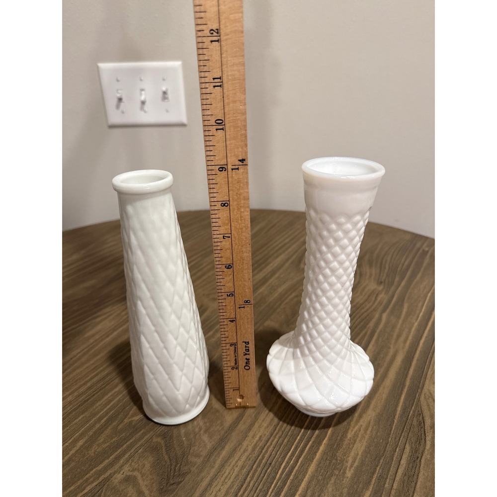 Vintage Milk Glass Bud Vases Set of 2 White Diamond Quilted Pattern & Swirl 9" - Picture 7 of 7